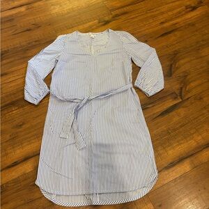J Crew Striped Tie Waist Poplin Dress Blue White Seersucker Womens XXS 2XS EUC